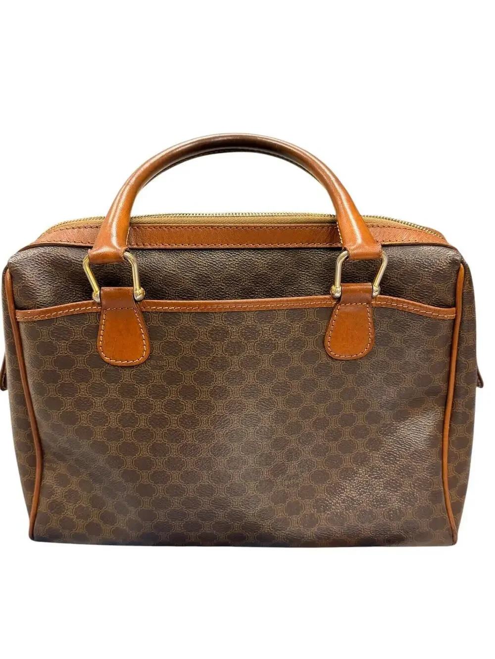 Celine Vintage Macadam Brown Monogram Canvas Leather Trim Zip Satchel Boston Bag